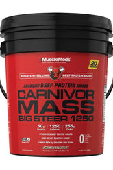 MuscleMeds Carnivor Mass Big Steer protein gainer in Chocolate Fudge flavor, featuring 50g protein and 720 muscle-building calories.